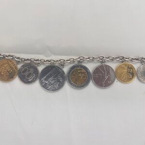 Authentic Italian Lire Coin Charm Bracelet in Silver and Gold. Sterling chain
